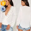 Plunge V-neckline Scalloped Lace Hem Long Figured Sleeves Sexy Modern Blouse For Lady Fashion Summer Apparel (TF0526B)