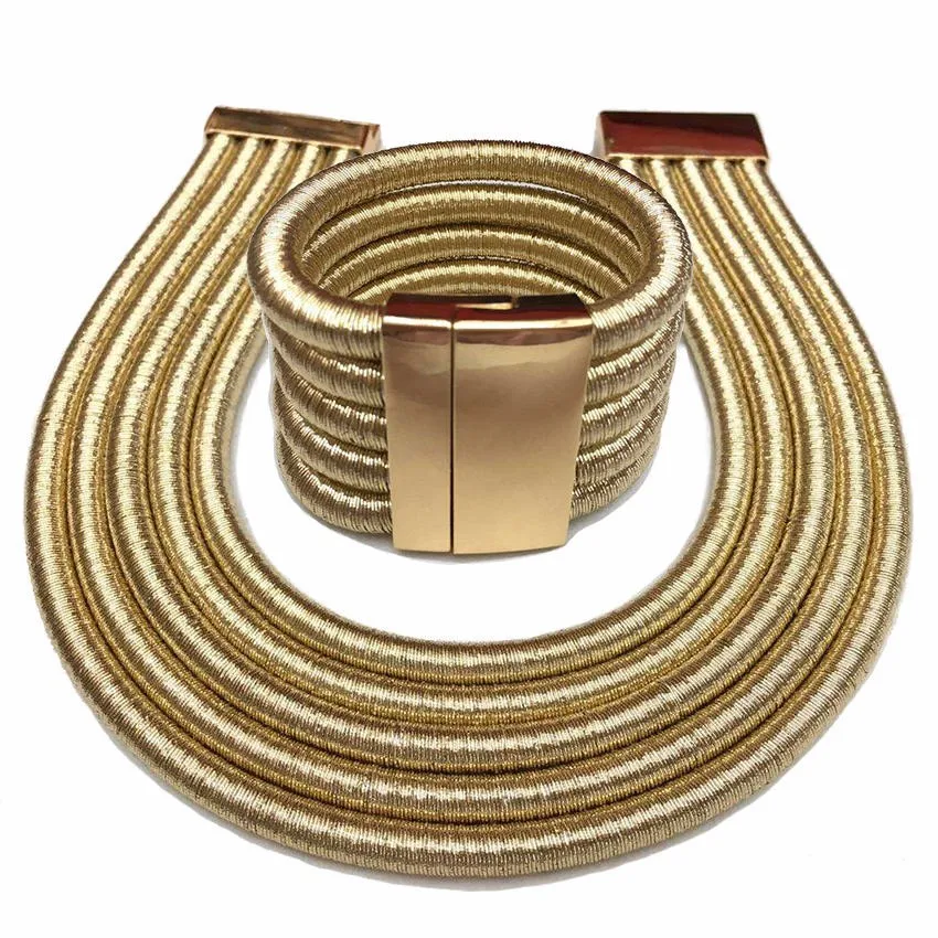 

Hot Kim K Collar Necklace Bracelet Jewelry Sets Women Fashion Magnetism Button Multilayer Rope Chokers Bangles Big Jewelry Sets, Gold ,silver,black,blue