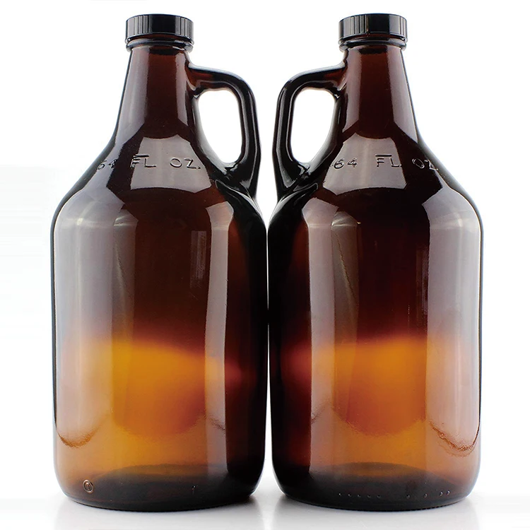 Amber Glass Growler Jugs 64-OunceHalf Gallon (2-Pack) w Black Phenolic Lids, Great for Kombucha, Home Brew, Distilled Water