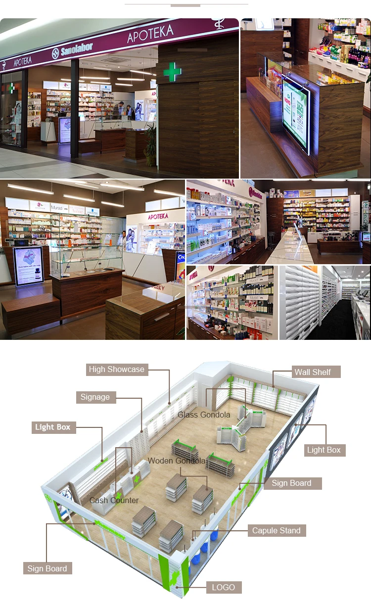 Wood Pharmacy Shelves Free Shop Interior Display Racks Furniture Medical Store Counter Design for Pharmacy