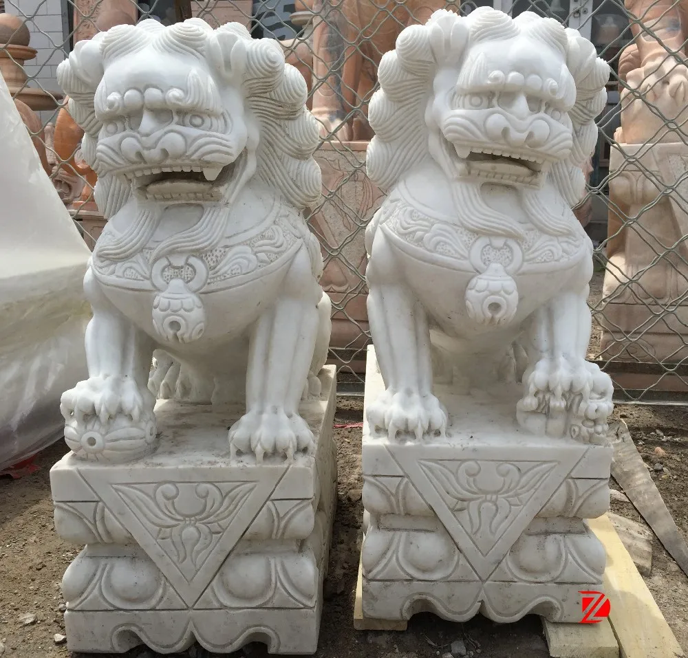 Marbre blanc main cédé chinois lion foo chien fu chien statue à vendre