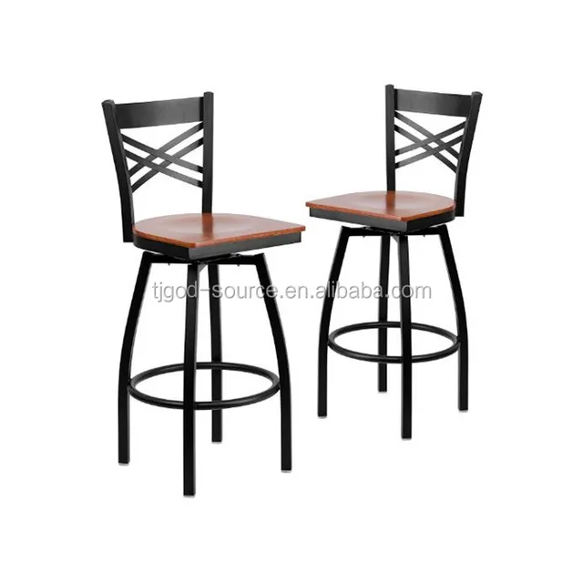 Cross metal wood back swivel bar stool