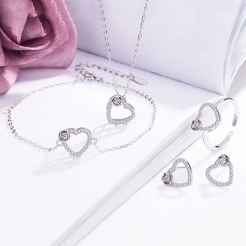 925 sterling silver rose shape rin earring bracelet necklace jewellery set, Silver or customized
925 sterling silver rose shape rin earring bracelet necklace jewellery set, Silver or customized