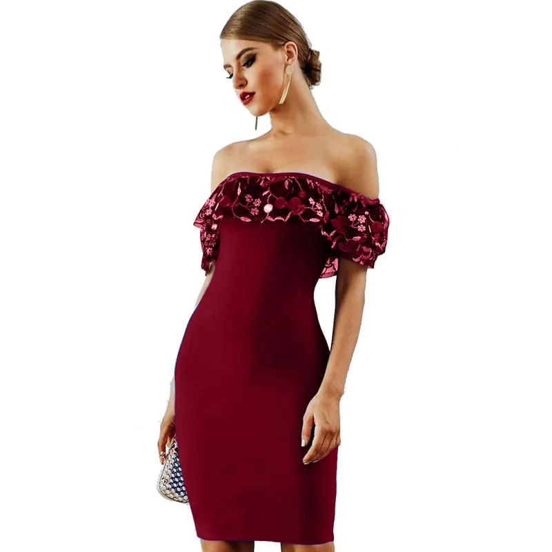 Embroidered Ruffled Collar Bandage Dress