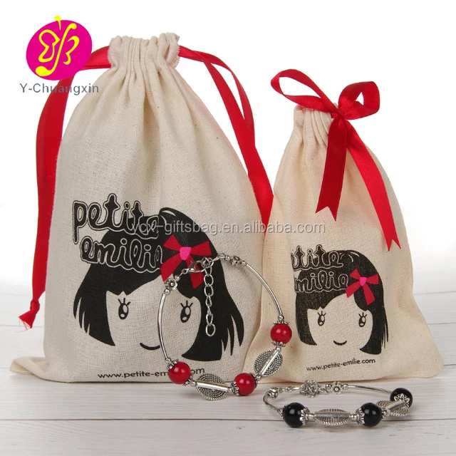 drawstring cotton small custom printed jewelry pouches with logo