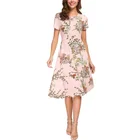 Hot Sale Short Sleeve Flared Holiday Prom Midi Knee Length Floral Print Women Summer Retro Pinup Dress