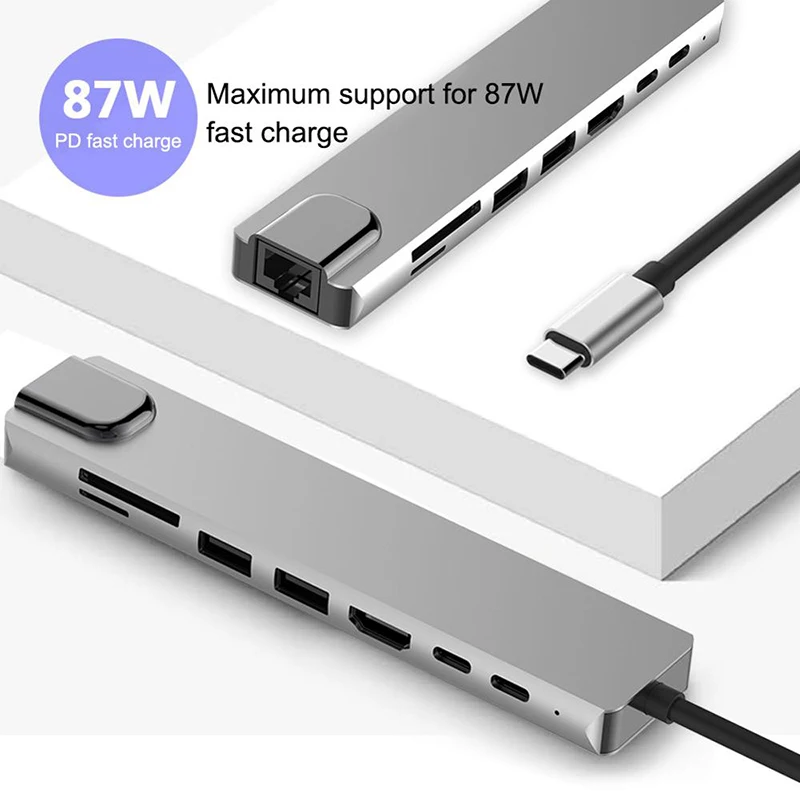 Type-C Hub All in one hub HD-MI RJ45 SD Multiport Adapter Type-C charging 8 in 1 USB-C Hubs for Macbook pro computer
Type-C Hub All in one hub HD-MI RJ45 SD Multiport Adapter Type-C charging 8 in 1 USB-C Hubs for Macbook pro computer
