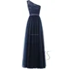 China factory direct full-length navy lace top one-shoulder prom dress