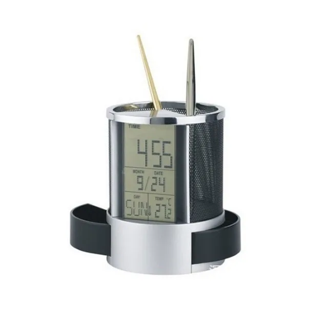 Metal Cylindrical LCD Display Calendar Pen Holder with Alarm Clock Customizable