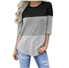 Womens Ladies Casual 3/4 Sleeve Color Block T-Shirt Blouses Back Lace Striped Tops Tee Shirts