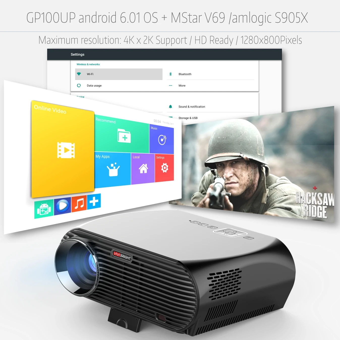 

TOP No.1 Wireless smart android WIFI Led Projector NETFLIX movie projector GP100UP VIVIBRIGHT 3d cinema 1080p hd av video, N/a