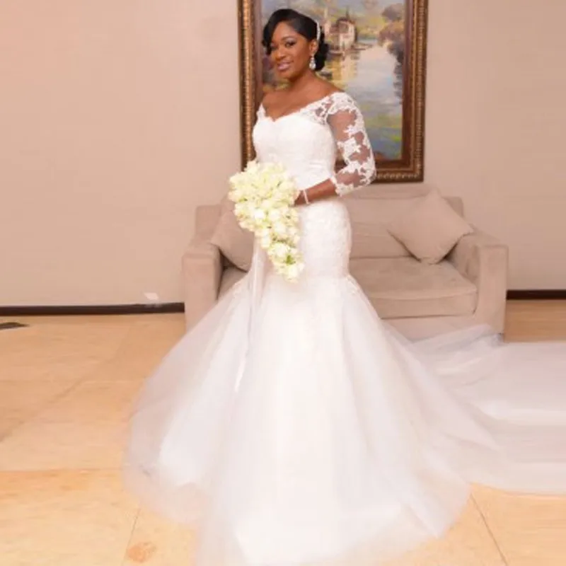 NE111 2020 Plus Size Wedding Dresses Lace Tulle Mermaid Wedding Dresses 3/4 Sleeve Wedding Gowns Vintage African Bridal Gowns, Default or custom
NE111 2020 Plus Size Wedding Dresses Lace Tulle Mermaid Wedding Dresses 3/4 Sleeve Wedding Gowns Vintage African Bridal Gowns, Default or custom