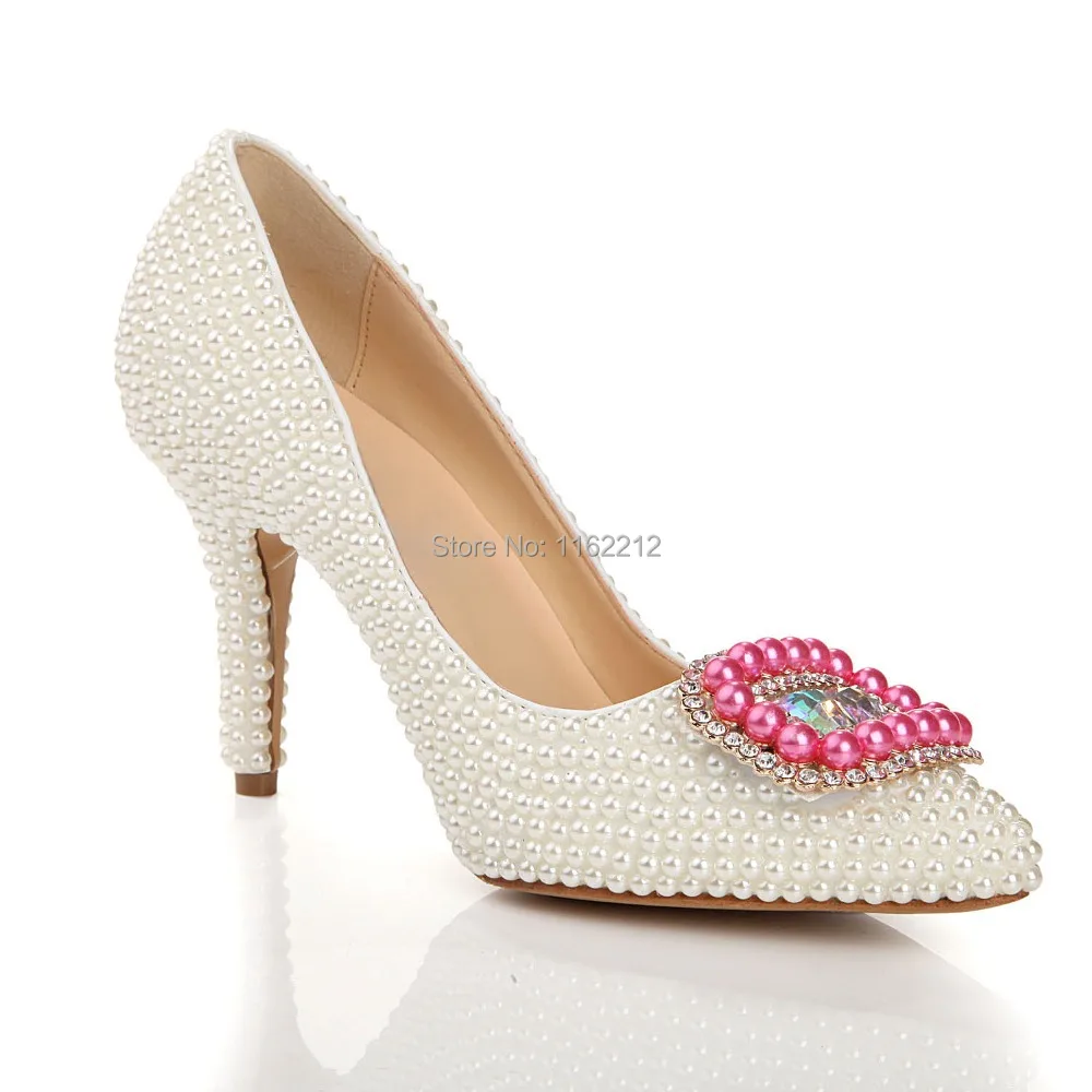 LS05 Pink White Pearl Chaussure Femme Women Shoes Bridal Prom Ladies High Heels Shoes Party Pumps Pointed Toe Wedding Shoes 2015
