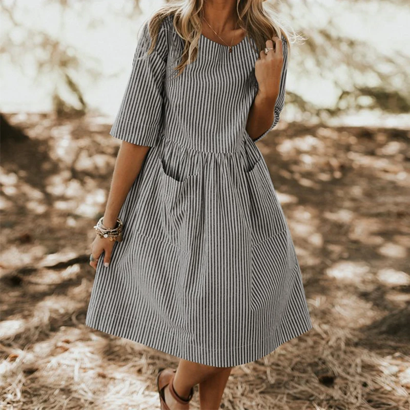 S-5XL Women Summer Elegant O Neck Half Sleeve Pockets Loose Party Vestido Casual Baggy Work Striped Sundress Oversized Dress, Can be customized
S-5XL Women Summer Elegant O Neck Half Sleeve Pockets Loose Party Vestido Casual Baggy Work Striped Sundress Oversized Dress, Can be customized
