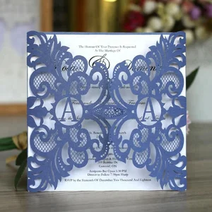 laser cut flower design blue paper wedding invitation card