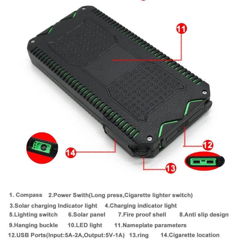 Waterproof solar power bank 10000mah emergency chargers with Cigarette lighter - ANKUX.COM