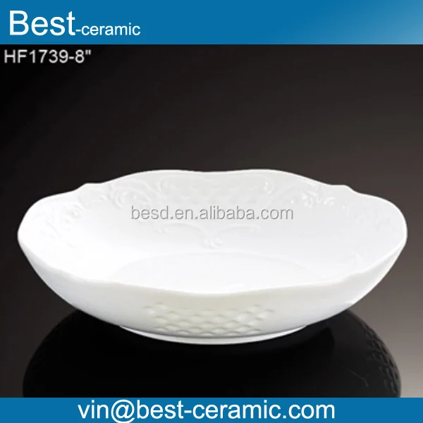 Customized round shape flower rim embossed white decoration plate ceramic pie plate wholesale Customized round shape flower rim embossed white decoration plate ceramic pie plate wholesale