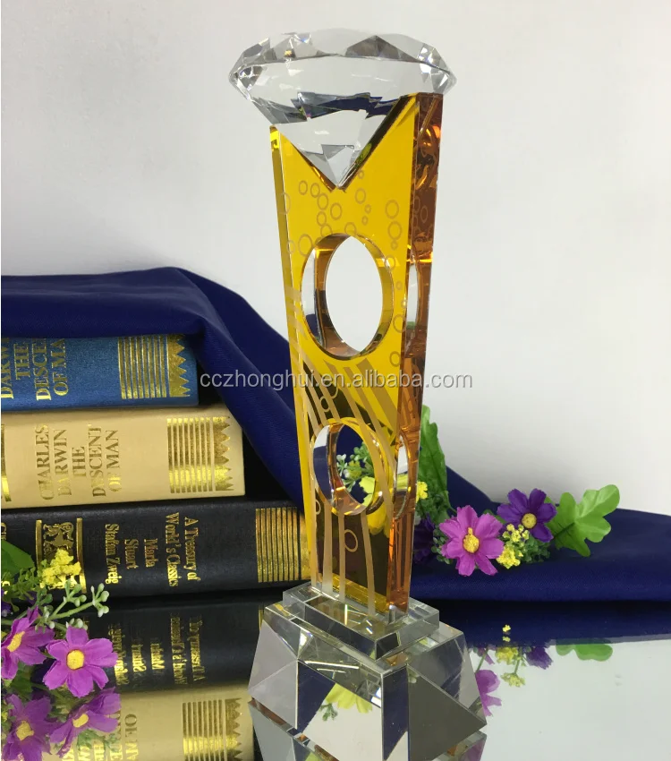 Gold color k9 crystal trophy ,crystal diamond award customized