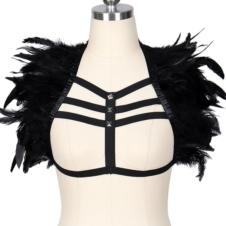 Black Lingerie Feathers Shawl Shoulder Belts Sexy Strappy Tops Plus