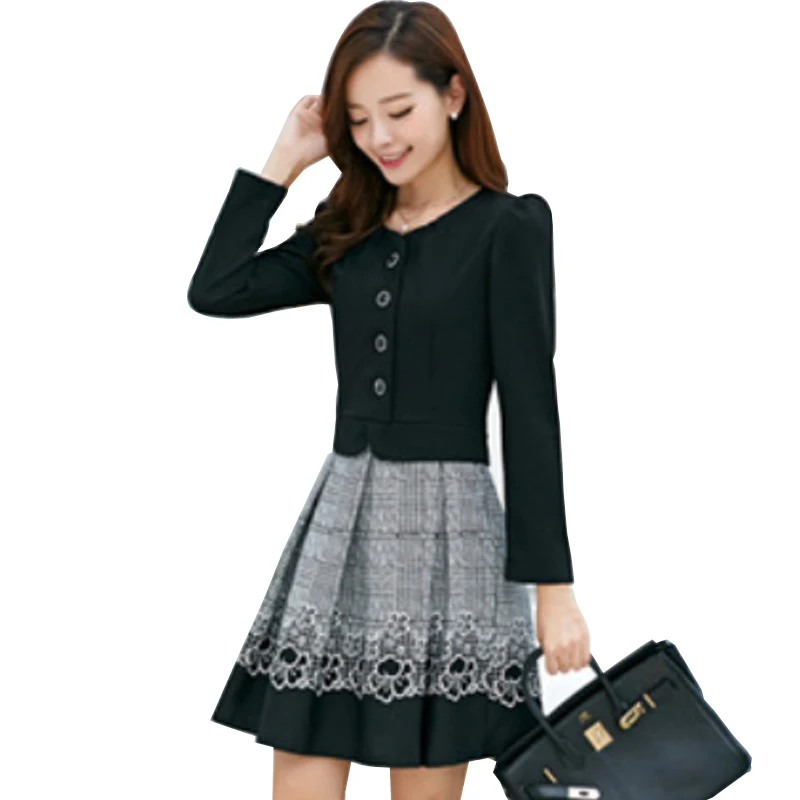 Autumn 2015 Korean Slim Plus Size Women Clothing Vestidos Fake Two Piece Print Womens Linen Dress Full Sleeve A-Line Dress 4XL