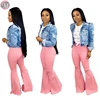 9061712 wholesale hot sale streetwear woman pink washed ripped high waist flare jeans