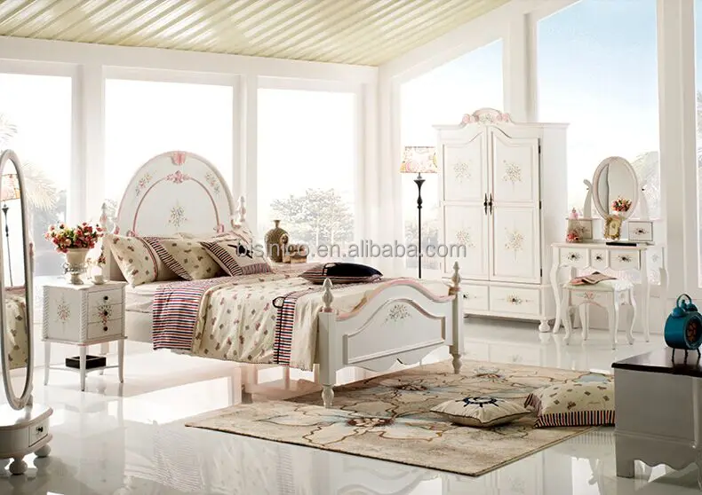 Madeira maciça estilo americano provincial pintura à mão branco e rosa da menina da criança conjunto cama de casal