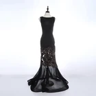 Appliqued floral O-neck party gown black mermaid elegant long evening dress