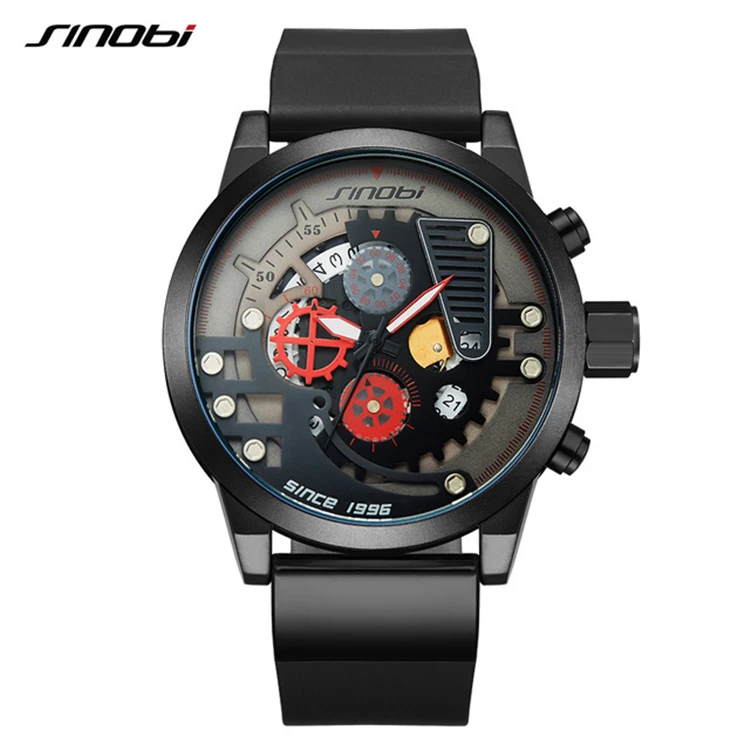 

SINOBI 9787 G Men Original Design Creative Sports Watches Gear Dial Watch For Male Chronograph Clock