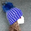 Top quality hot sale custom stripe rhinestone knit hat beanie with fur pom