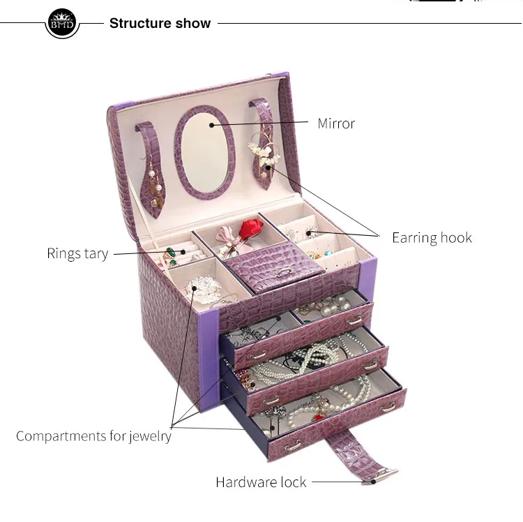 3 drawer glass mirror jewelry box luxury pu leather gift box for