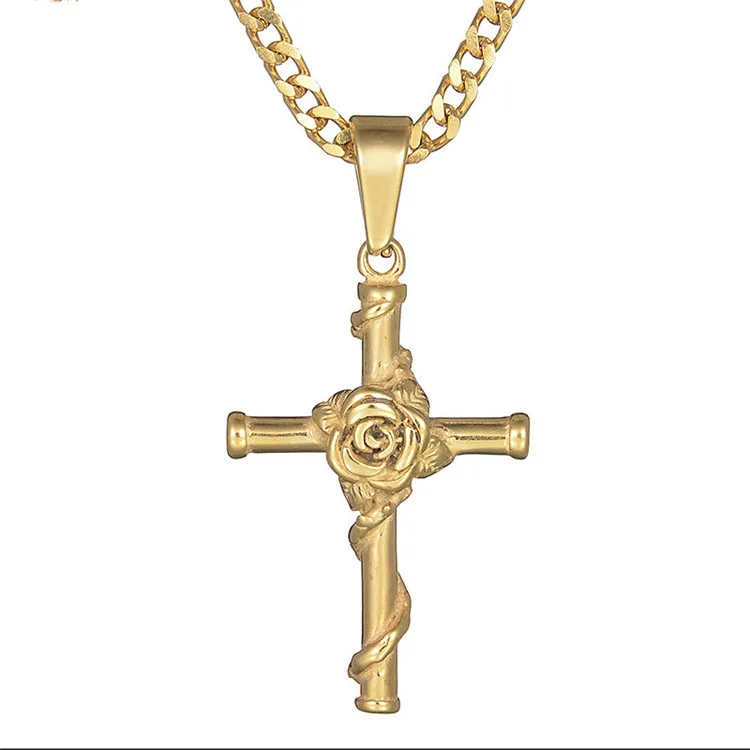 European Fashion Jewelry 18K Gold Plated Stainless Steel Rose Flower Cross Pendant Necklace
European Fashion Jewelry 18K Gold Plated Stainless Steel Rose Flower Cross Pendant Necklace
