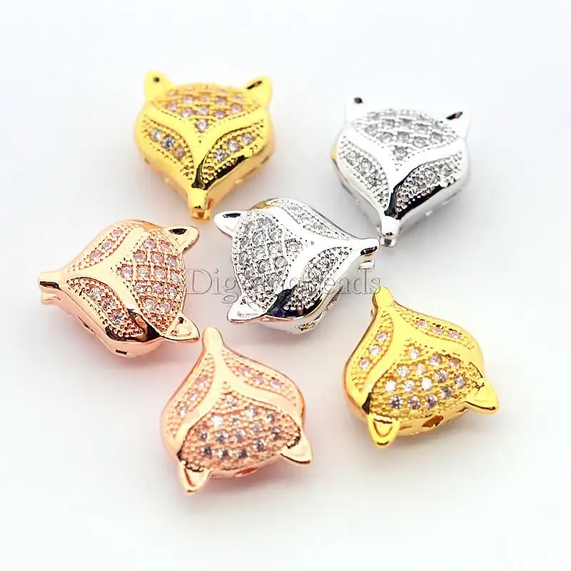 8pcs Mixed Color Fox Brass Micro Pave Cubic Zirconia Hollow Beads about 10mm wide, 12mm long, 6mm thick, hole 1mm