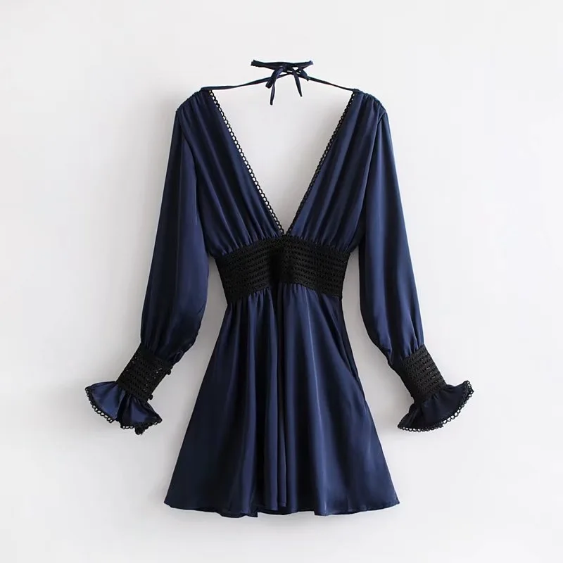 2019 Evening Party Sexy 100% Polyester Lace Navy Woman Dress