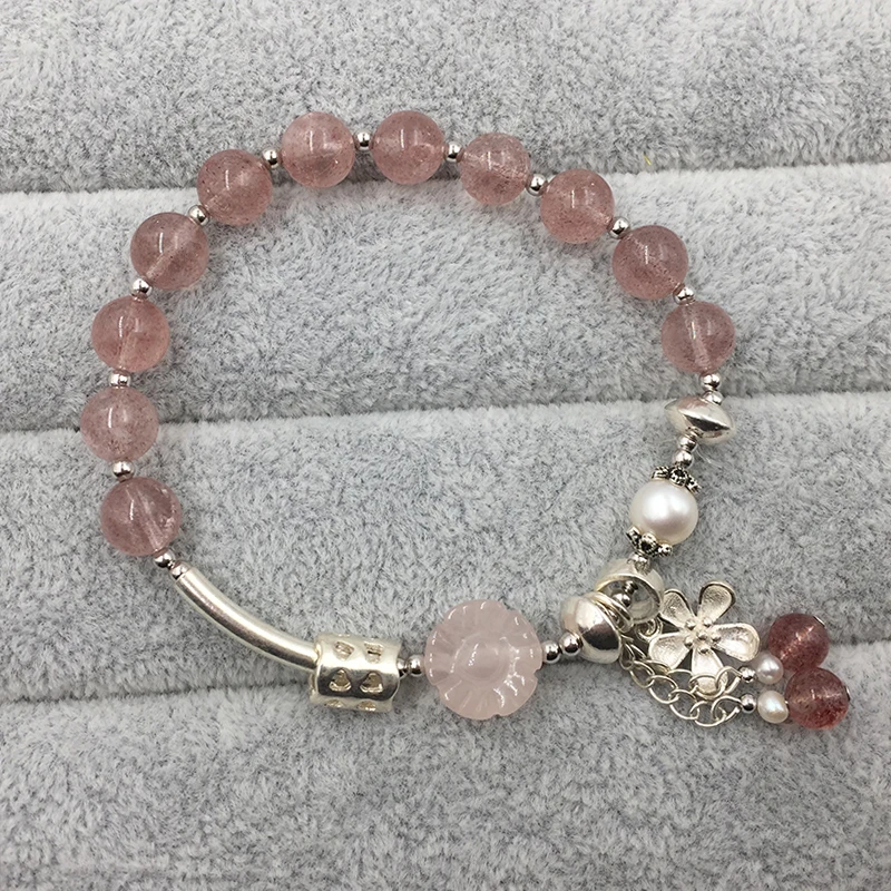 Sinya strawberry quartz rose quartz pearl bracelet in 925 sterling silver for girls women lover (20)