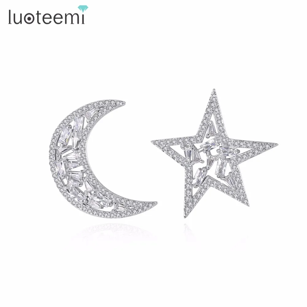 

LUOTEEMI Luxury Silver Tone Half Moon & Star Dazzling Clear CZ Stud Earrings for Women Fashion Jewellery Brincos Bijoux