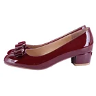 Classical square heels bow tie round toe genuine leather Italian shoes medium high heels women pumps