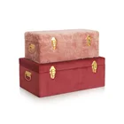 Decorative set of 2 pink multi fabric covered storage wooden trunks