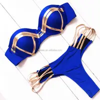 

Sexy Bandeau Thong Bikini Set Push Up Swimwear Halter Top for Women Blue Gold Stamping Swimsuit Padded Female Bathing Suit