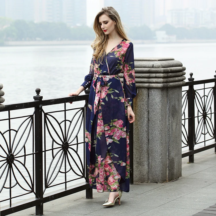 طويلة الأكمام الشيفون الأزهار المطبوعة فستان ماكسي السيدات الصيف فساتين غير رسمية