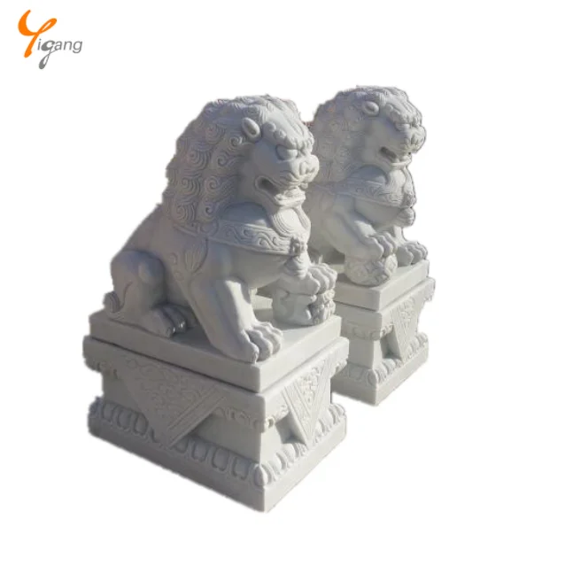 Mascotte statue sculptée à la main en marbre blanc Chinois lion chien fu