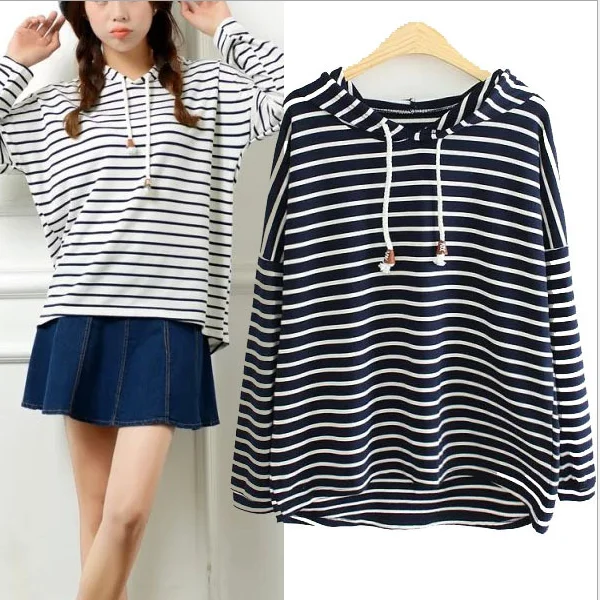 MS71871L New Korean style striped pattern women hooded t shirt