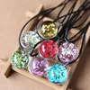 NEW Fashion Transparent Crystal Ball Glass Dried Flower Leather Necklace Pendant Jewelry