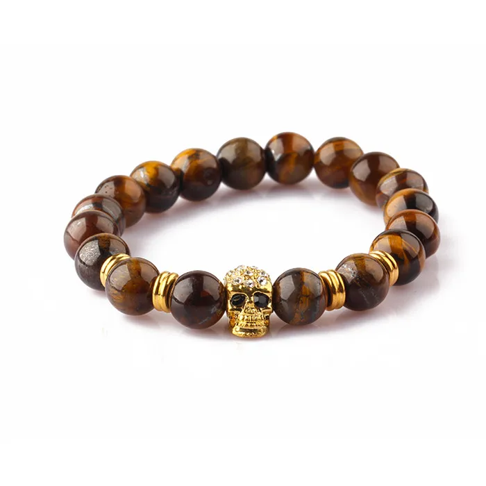 2018 Factory price fashion jewelry bulk natural black  labradorite and white stone bead skull men bracelet 