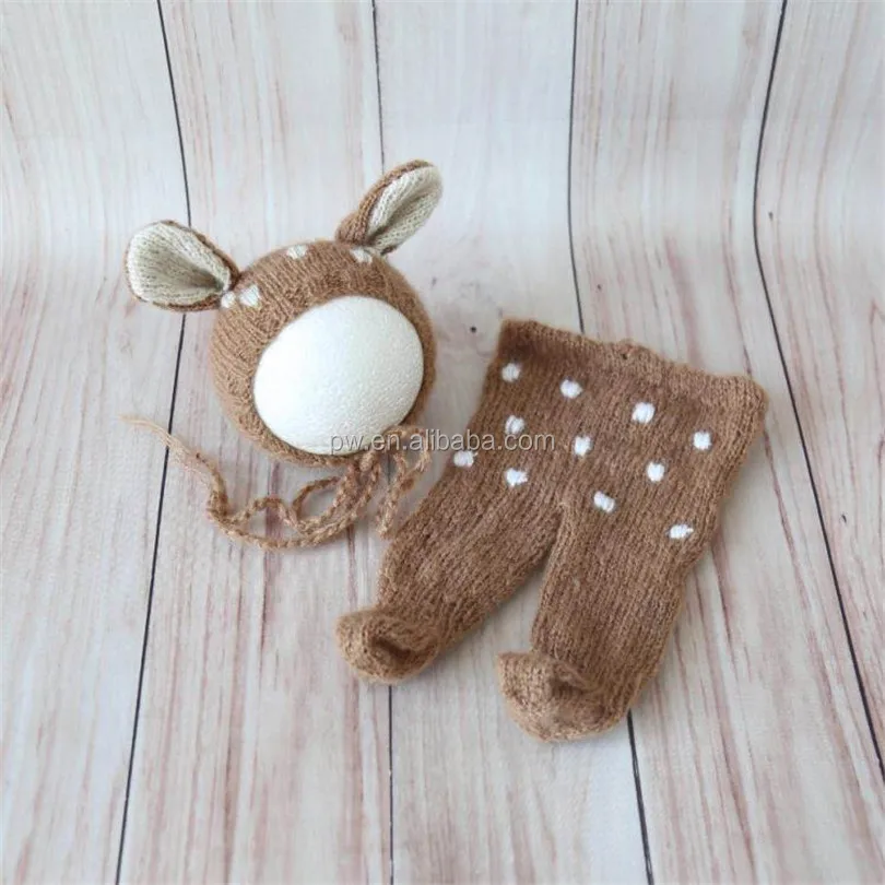 Newborn Reindeer bonnet and romper set Crochet Mohair deer bonnet Knitted baby pant photography props