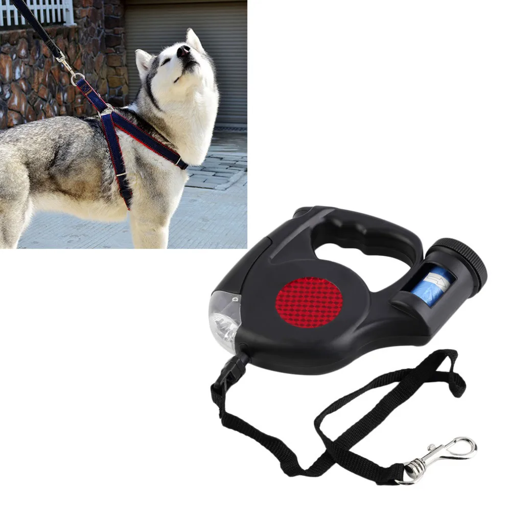 4.5M Automatic Dog Lead Retractable Dog Leash Pet Traction Rope Chain Harness Dog Collar Pet Products 3 LED Lights Garbage Bag
