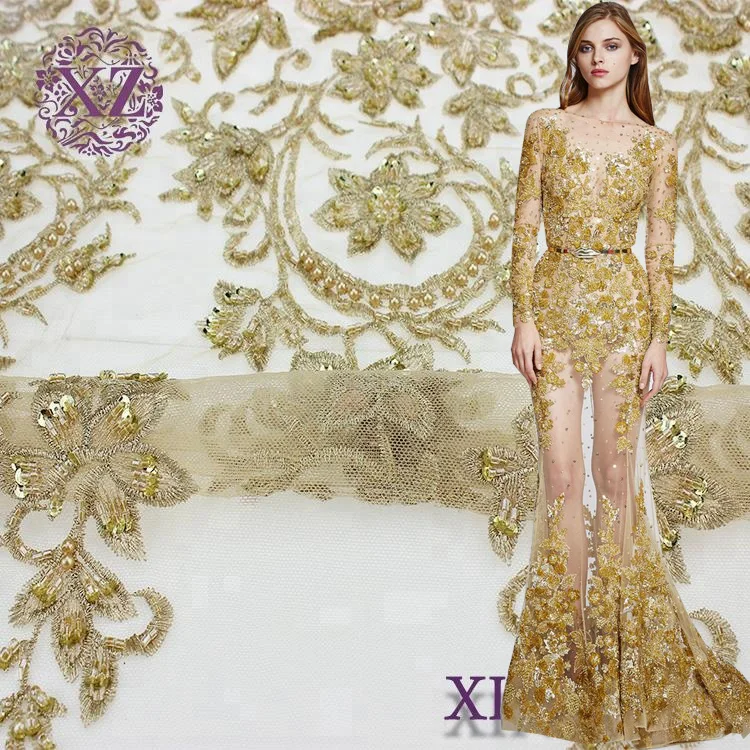 New arrival hand made luxury mesh embroidery gold sequin beaded pearl French lace fabric
New arrival hand made luxury mesh embroidery gold sequin beaded pearl French lace fabric