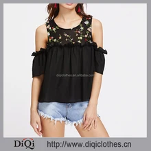 Hot Popular Summer Elegant Black Flower Embroidered Yoke Cold Shoulder Half Sleeve Ruffle Tops