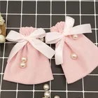Custom logo drawstring Pink Luxury Velvet pouch Gift Bags With Bowknot Ribbon