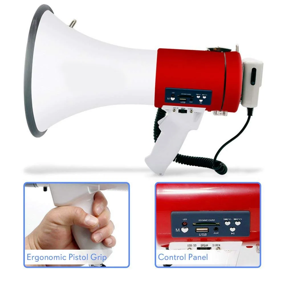Megaphone 50-Watt Siren Bullhorn - Bullhorn Speaker w/ Detachable Microphone, Portable Lightweight Strap & Rechargeable Battery - ANKUX.COM