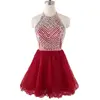 PS-24 Burgundy Short Homecoming Dresses Halter Sequins Beads Crystals Puffy Skirt Cocktail Party Gown Junior Prom Dresses